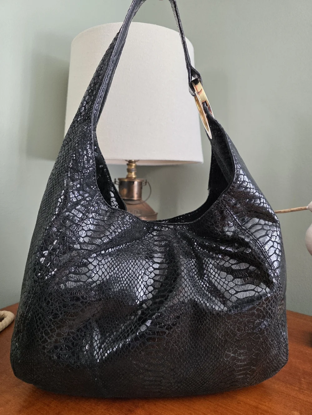 Michael Kors Slouchy Hobo Black Python Embossed Leather Shoulder Bag